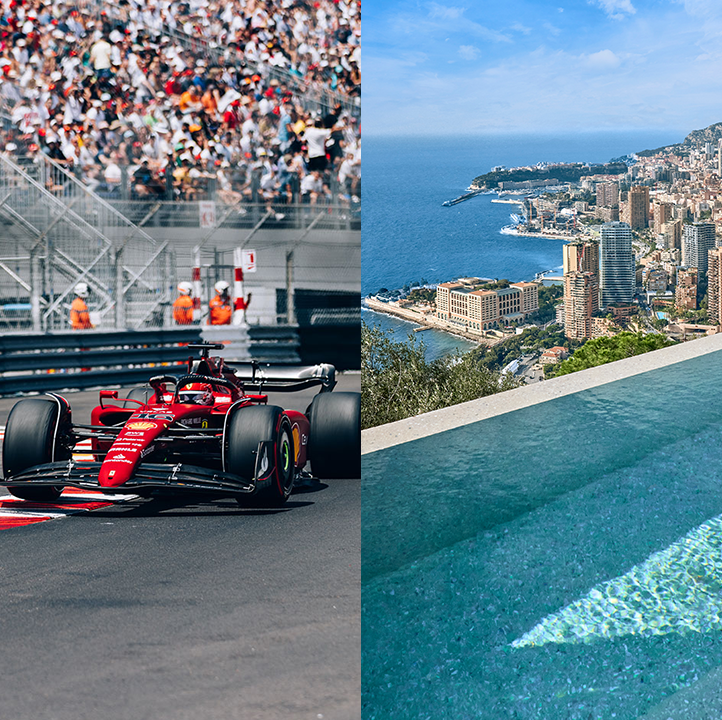 Split image of a Formula One racing car at the Monaco Grand Prix and an image of a pool and Monaco from the hotel