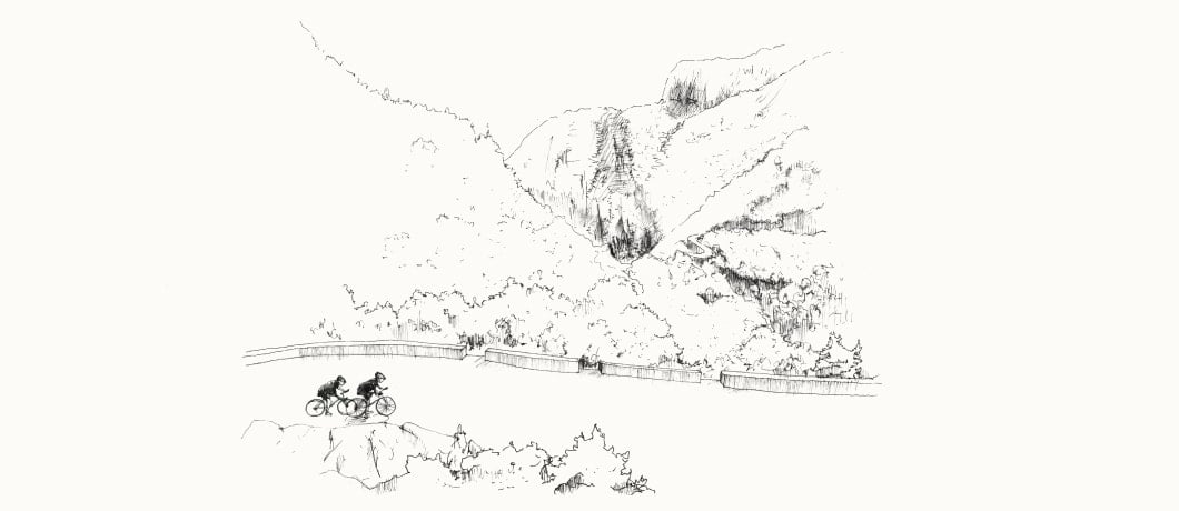 A pencil drawing of a trail next to a mountain and people biking there.