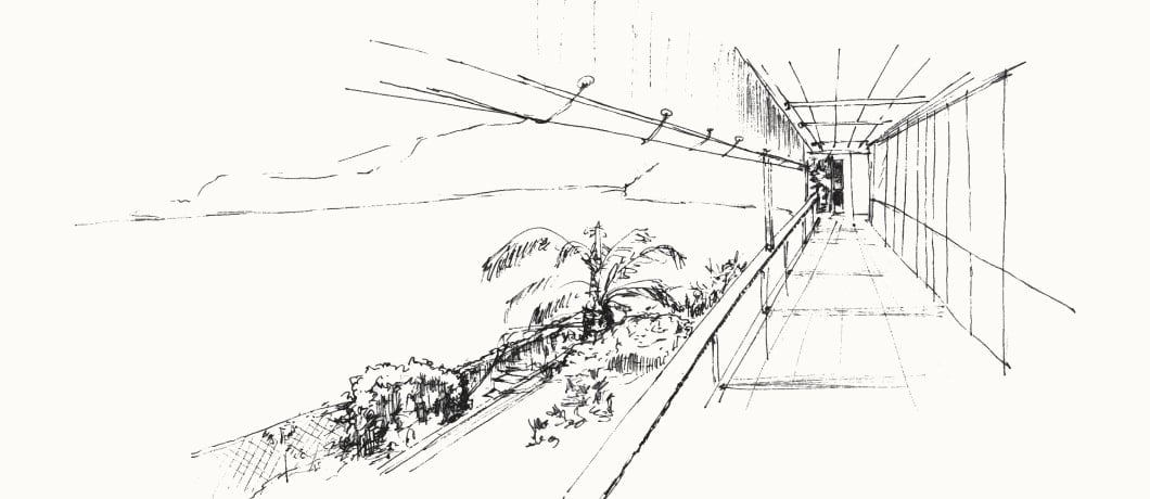 A pencil drawing of a corridor near the sea.