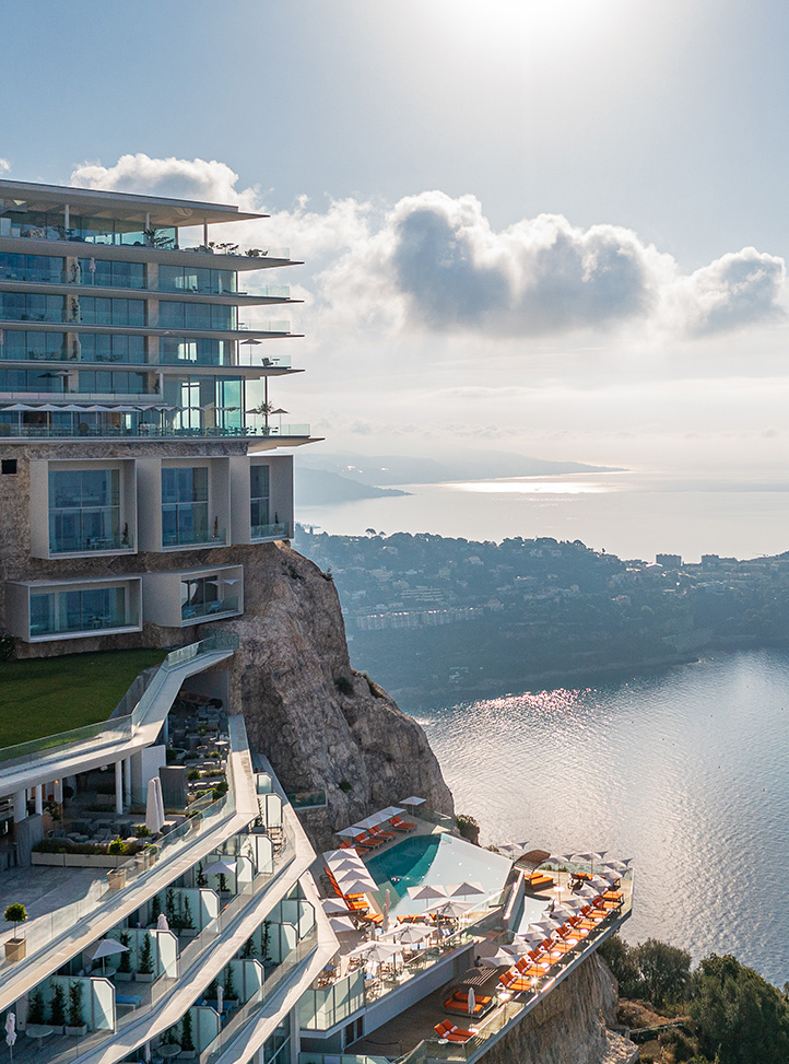 The Maybourne Riviera hotel sitting on cliff-edge looking out to Mediterranean Sea