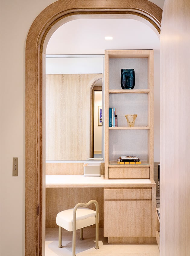 A wooden dressing table seen from the Grand Corniche Room.