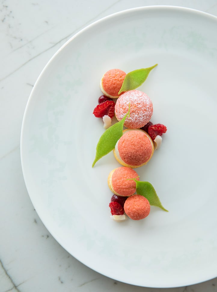 A round white plate with raspberries and pink-coloured desserts forming a line.