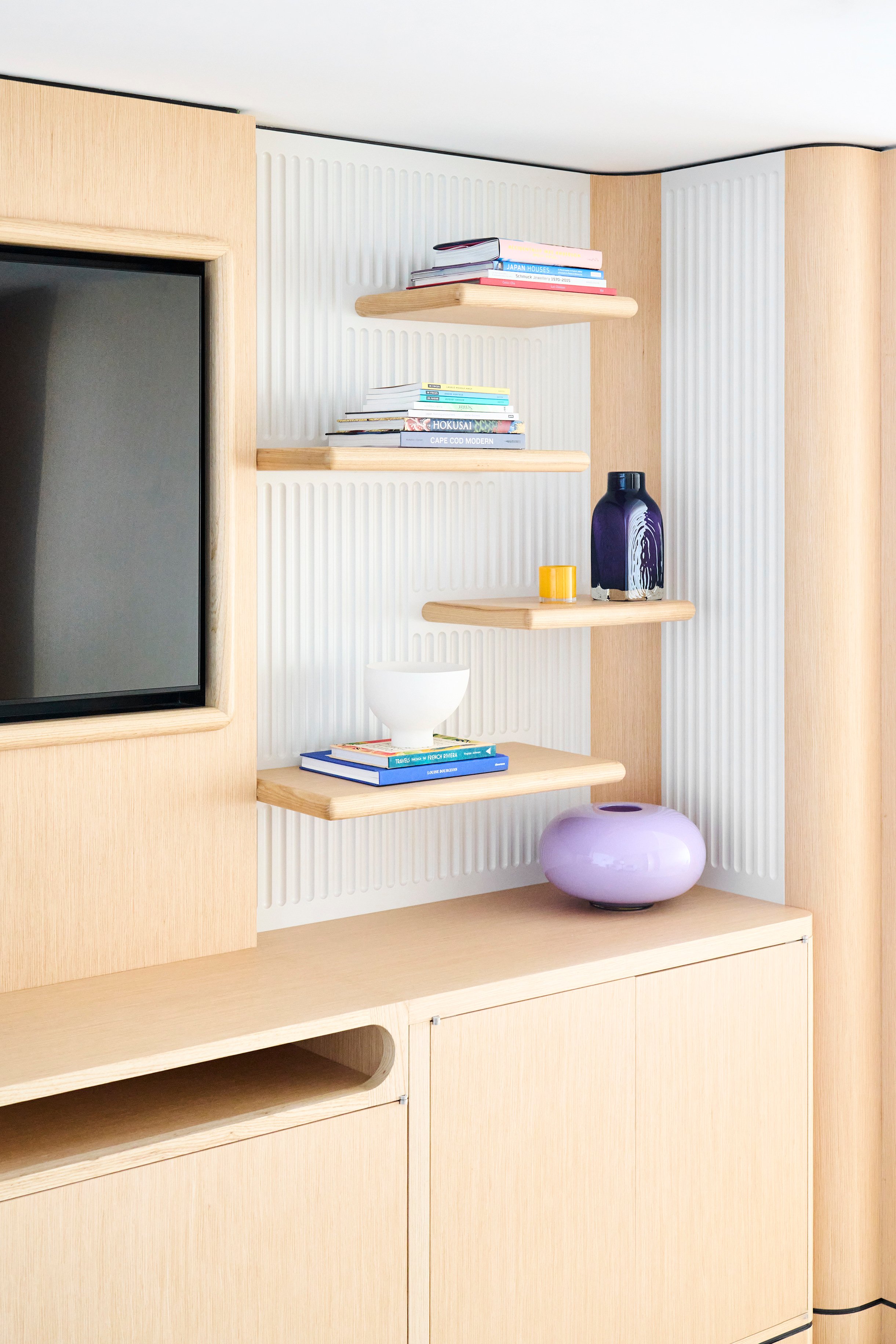 The Maybourne Riviera - design detail shot of shelves with design objects on them.