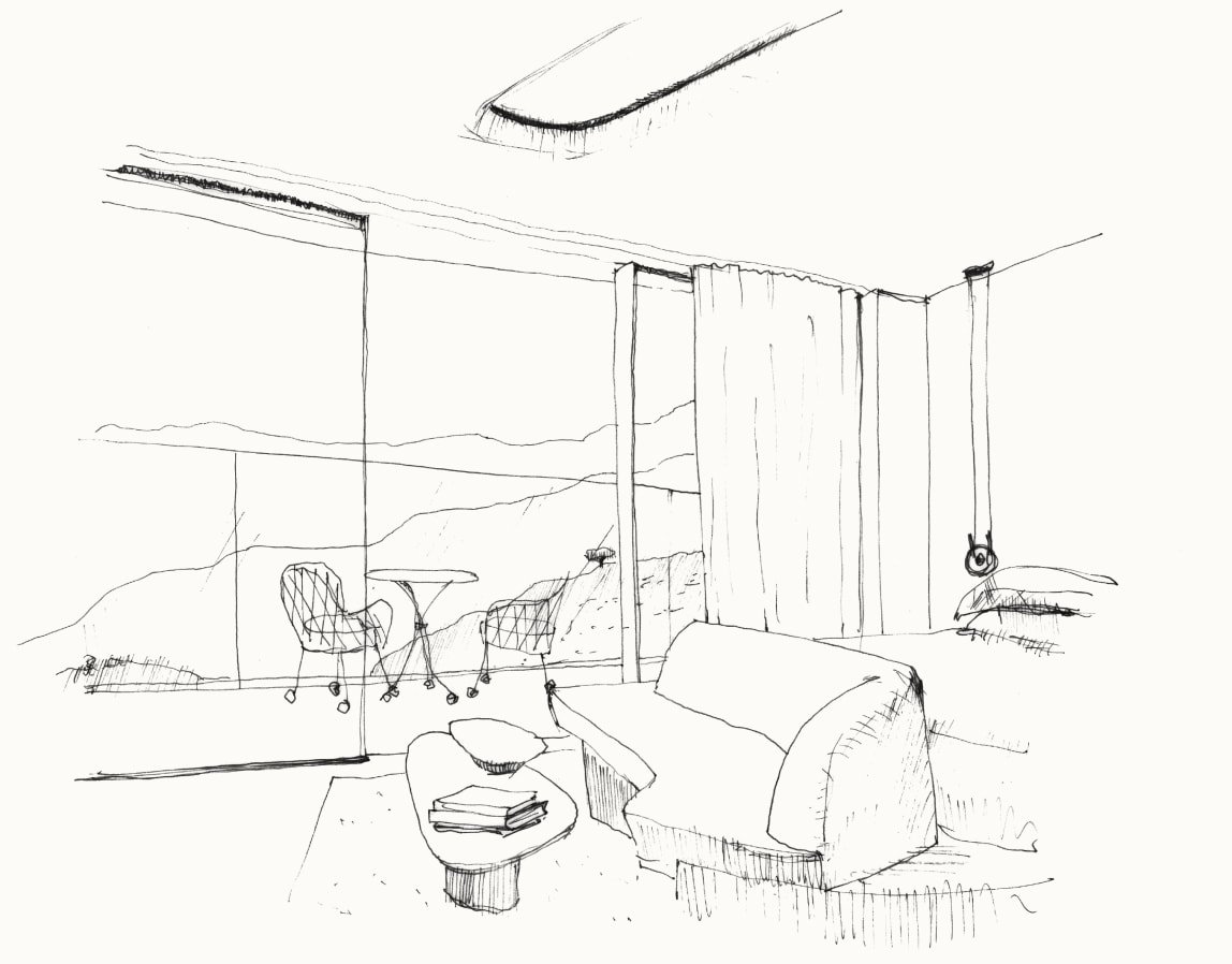 A pencil drawing of a room with a terrace next to the mountain and the sea.