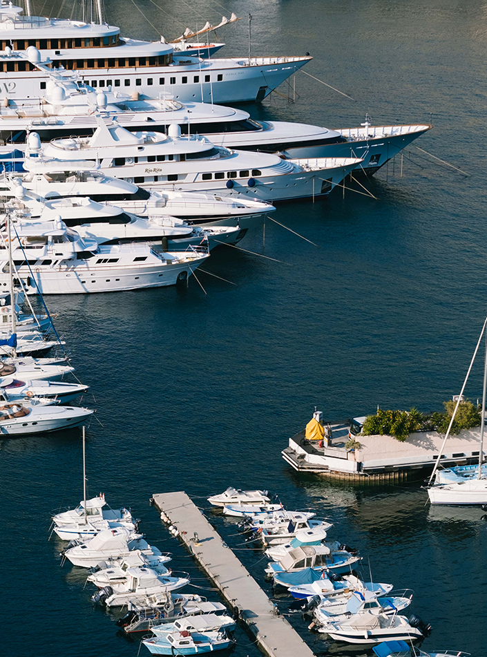 View of boats, yachts and superyachts at Monaco Harbour.