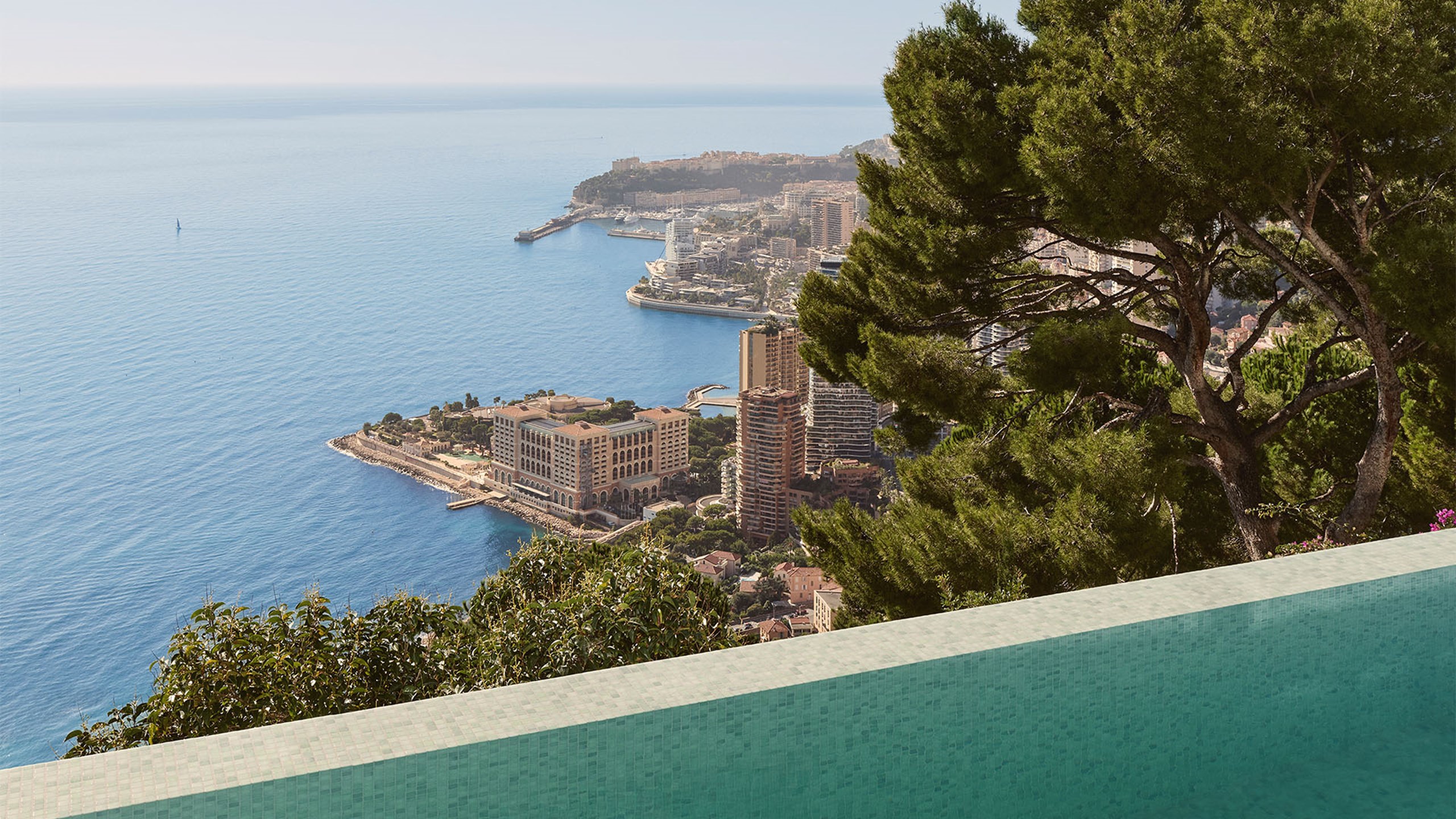 A panoramic view of a coastal city with tall buildings by the sea, seen from behind an infinity pool and framed by trees.